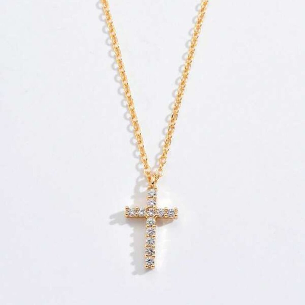 18k Gold over Sterling Silver Cross Pendant Necklace with Sparkling Stones - Picture 2 of 3